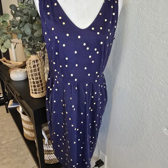 Boden Women's Melinda Jersey Cotton Blend Navy Blue Gold Polka Dot Dress 10 - Picture 2 of 7
